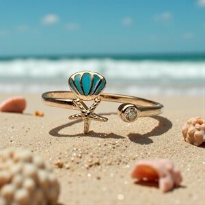 New Rose Gold Sterling Silver Shell & Starfish Ocean Ring, Adjustable